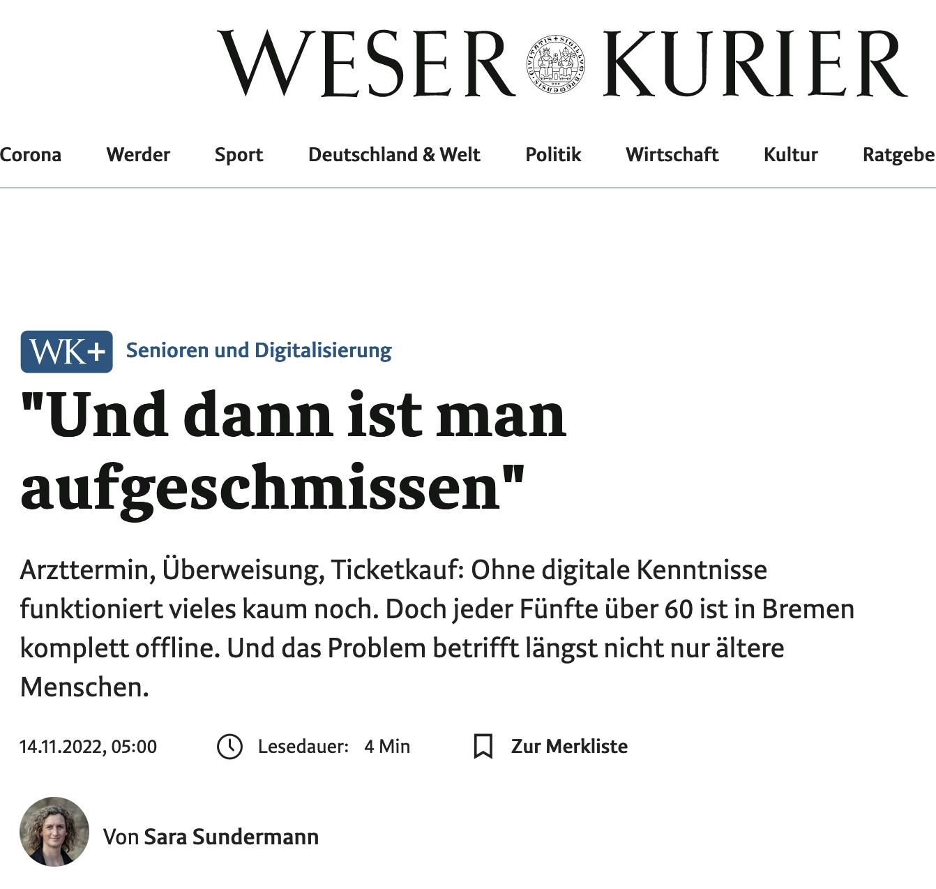 Screenshot eines Beitrags im Weser Kurier vom 14.11 mit dem  Titel "Und dann ist man aufgeschmissen"